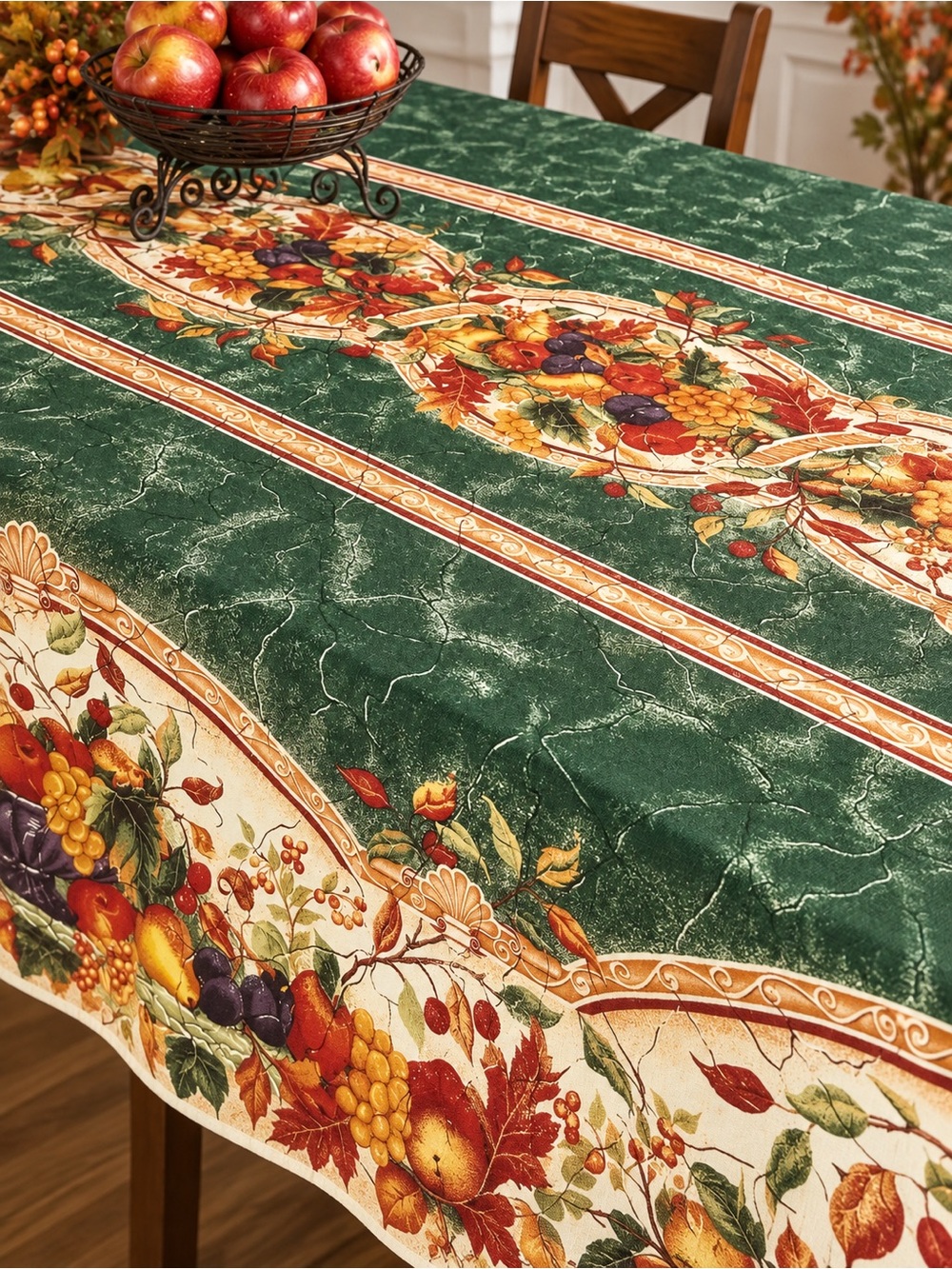Vintage 90s Renaissance Harvest Tablecloth 52x70 Cotton Fall Fruit Thanksgiving